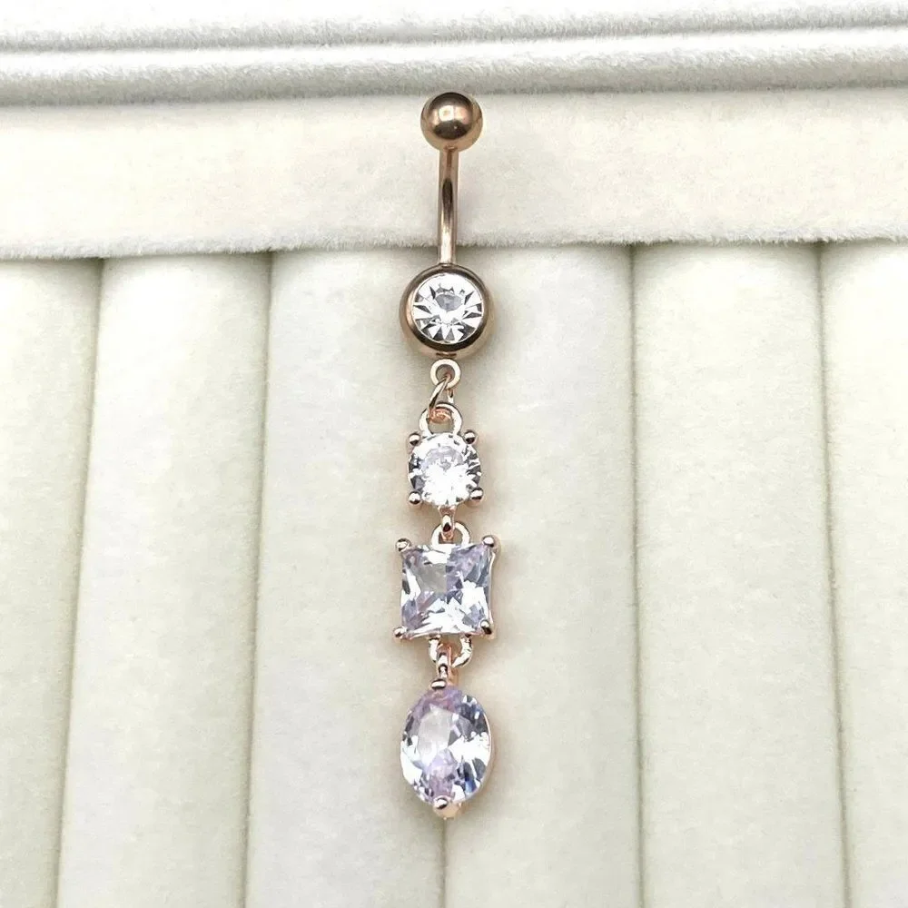 316L Stainless Steel with White Diamond Cubic Zirconia Dangling 14G Belly Ring
